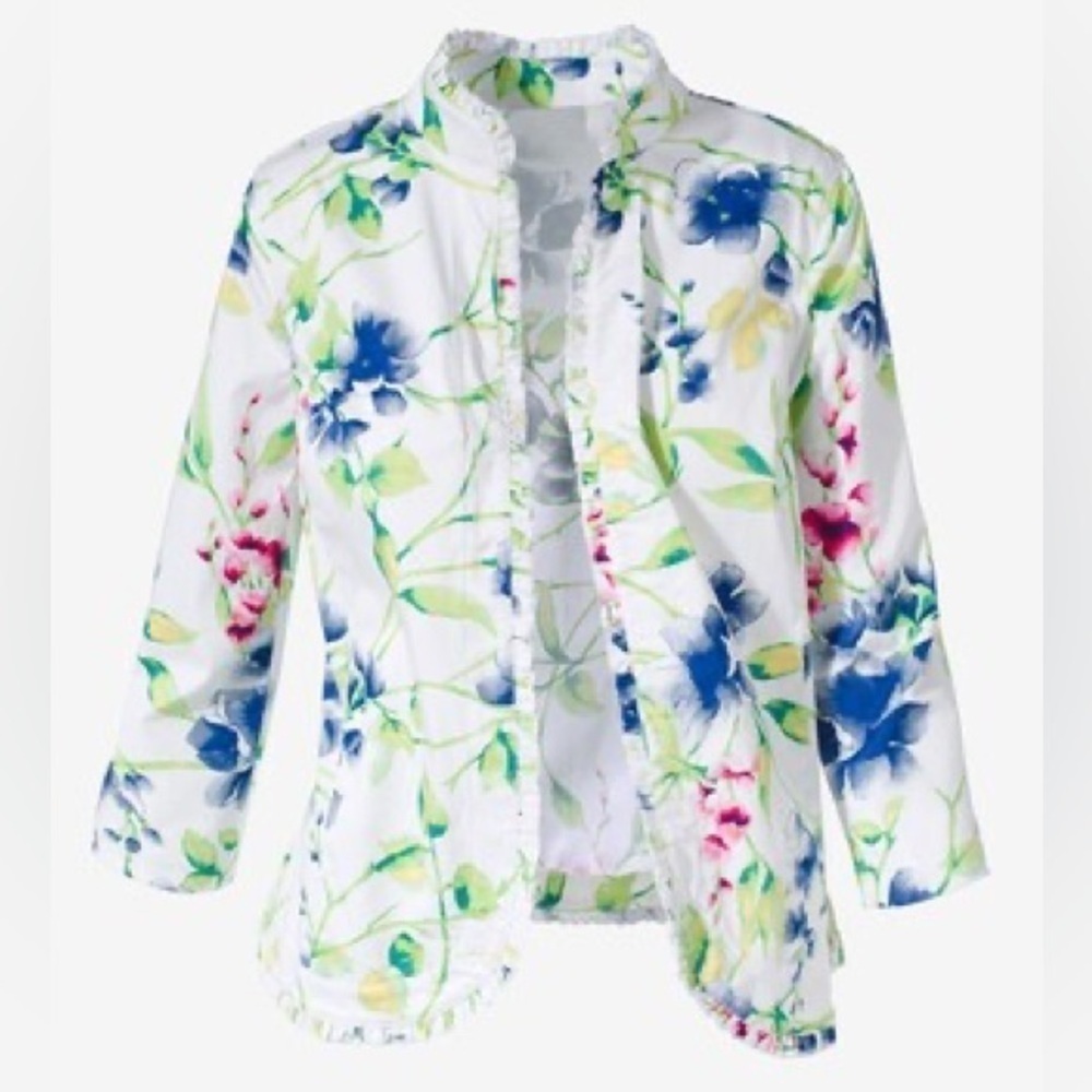 Chico’s Women's Jacket Medium White Floral Stretch Cotton Ruffle Anisa Sateen